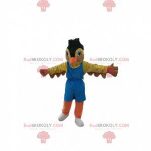 Mascot colorful sparrow in sportswear. Sparrow costume -