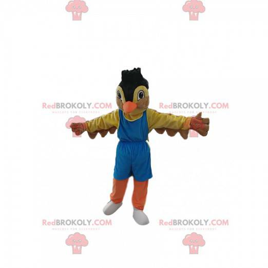 Mascot colorful sparrow in sportswear. Sparrow costume -