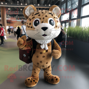 Brown Leopard mascot costume character dressed with a Henley Shirt and Backpacks