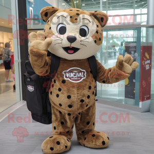 Brown Leopard mascot costume character dressed with a Henley Shirt and Backpacks