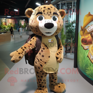 Brown Leopard mascot costume character dressed with a Henley Shirt and Backpacks