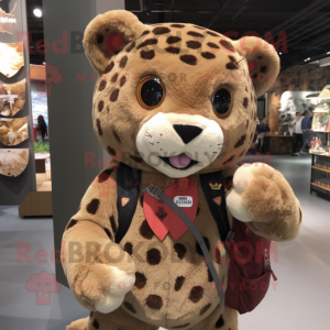 Brown Leopard mascot costume character dressed with a Henley Shirt and Backpacks