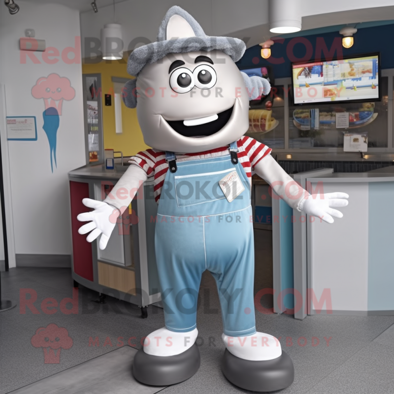 Silver Burgers mascot costume character dressed with a Dungarees and Tie pins