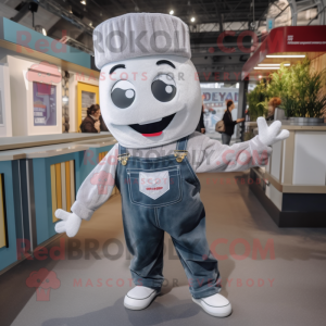 Silver Burgers mascot costume character dressed with a Dungarees and Tie pins