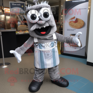 Silver Burgers mascot costume character dressed with a Dungarees and Tie pins