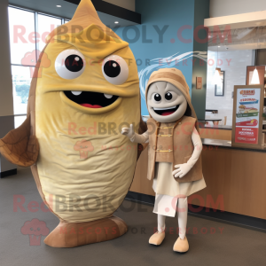 Beige Fish Tacos mascot costume character dressed with a Shift Dress and Belts
