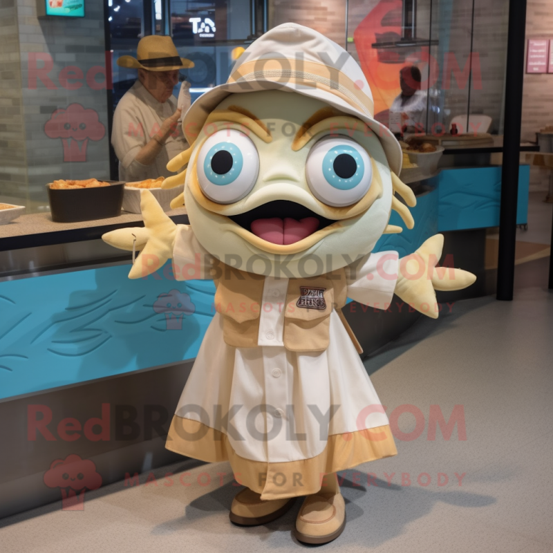 Beige Fish Tacos mascot costume character dressed with a Shift Dress and Belts