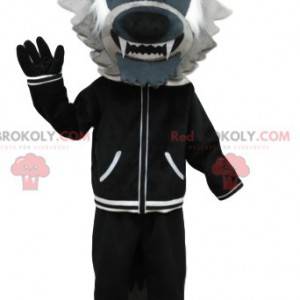 Gray wolf mascot with a black jacket. Wolf costume -