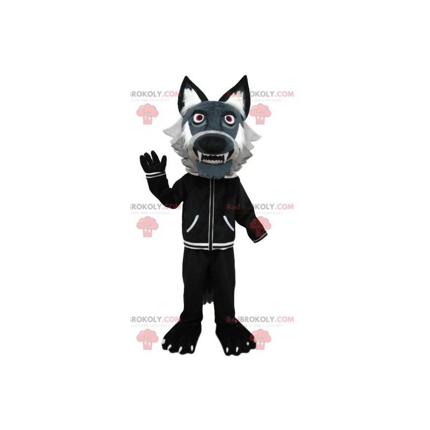 Graues Wolfsmaskottchen mit einer schwarzen Jacke. Wolfskostüm