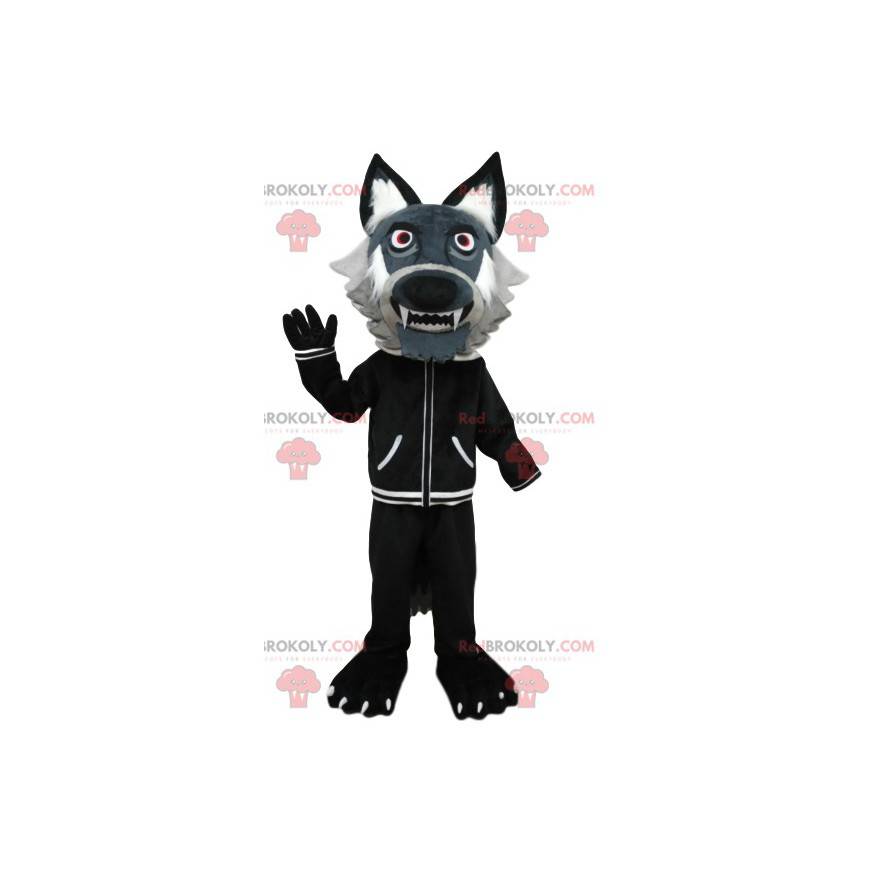 Mascota lobo gris con chaqueta negra. Disfraz de lobo -