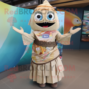 Beige Fish Tacos mascot costume character dressed with a Shift Dress and Belts