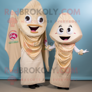 Beige Fish Tacos mascot costume character dressed with a Shift Dress and Belts