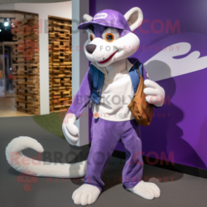 Purple Weasel mascot costume character dressed with a Bootcut Jeans and Messenger bags