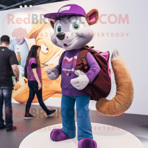 Purple Weasel mascot costume character dressed with a Bootcut Jeans and Messenger bags