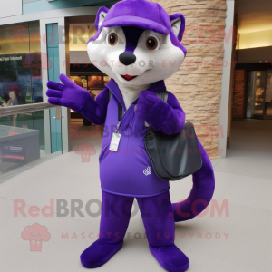 Purple Weasel mascot costume character dressed with a Bootcut Jeans and Messenger bags