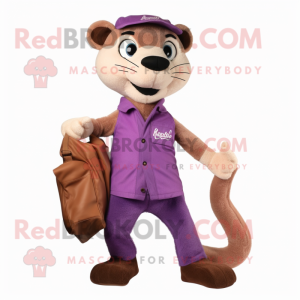 Purple Weasel mascot costume character dressed with a Bootcut Jeans and Messenger bags