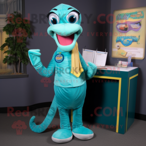 Teal Python mascot costume character dressed with a Pencil Skirt and Gloves