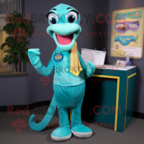 Blågrønn Python maskot drakt figur kledd med blyantskjørt og hansker - Python-maskoter - REDBROKO_131381 - RedBrokoly.com