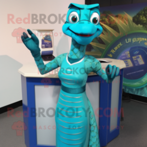 Blågrønn Python maskot drakt figur kledd med blyantskjørt og hansker - Python-maskoter - REDBROKO_131382 - RedBrokoly.com