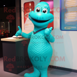 Teal Python mascot costume character dressed with a Pencil Skirt and Gloves