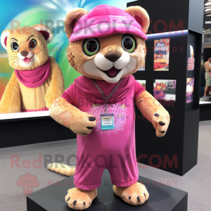 Pink Jaguarundi mascot costume character dressed with a Shorts and Headbands