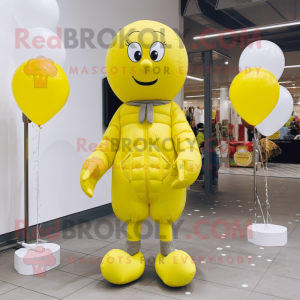 Lemon Yellow Heart Shaped Balloons mascot costume character dressed with a Cardigan and Beanies