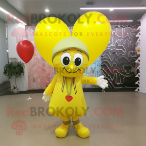 Lemon Yellow Heart Shaped Balloons mascot costume character dressed with a Cardigan and Beanies