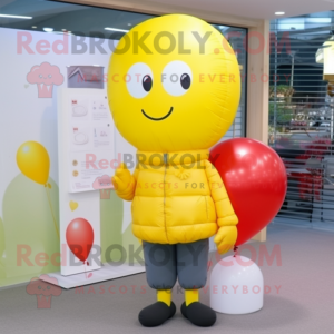 Lemon Yellow Heart Shaped Balloons mascot costume character dressed with a Cardigan and Beanies