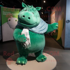 Green Rhinoceros mascot costume character dressed with a Jeans and Scarves