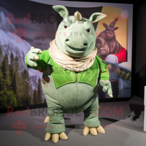 Green Rhinoceros mascot costume character dressed with a Jeans and Scarves