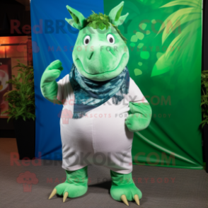 Green Rhinoceros mascot costume character dressed with a Jeans and Scarves