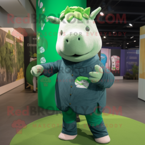 Green Rhinoceros mascot costume character dressed with a Jeans and Scarves