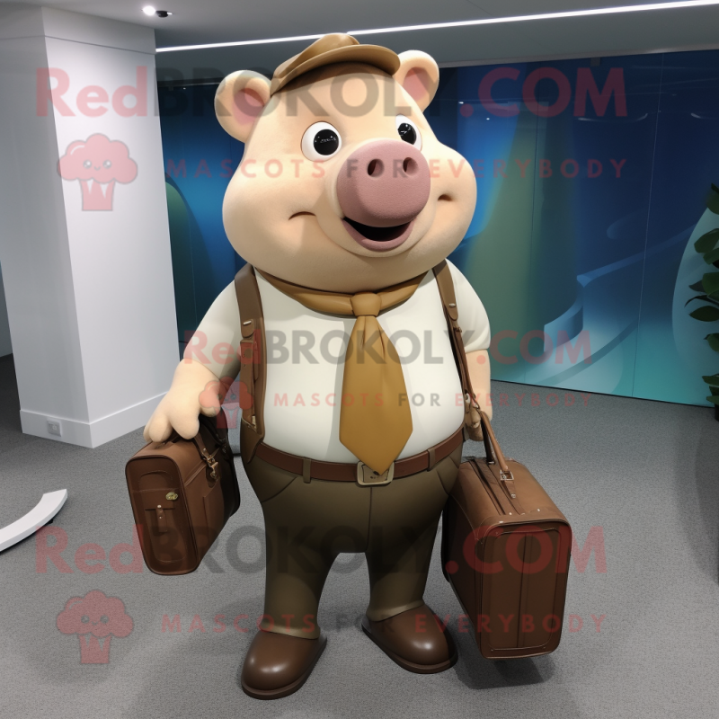 Tan Pig mascot costume character dressed with a Vest and Briefcases