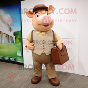 Tan Pig mascot costume character dressed with a Vest and Briefcases