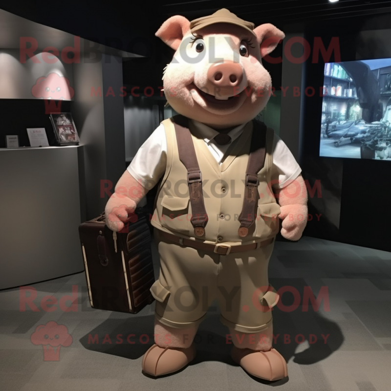 Tan Pig mascot costume character dressed with a Vest and Briefcases