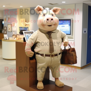 Tan Pig mascot costume character dressed with a Vest and Briefcases