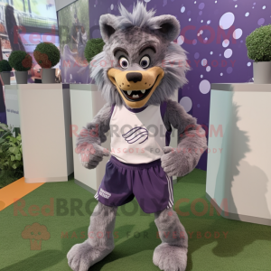 Lavender Werewolf mascot costume character dressed with a Running Shorts and Headbands