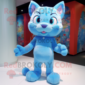 Sky Blue Cat mascot costume character dressed with a Romper and Foot pads