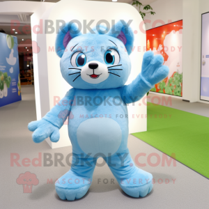 Sky Blue Cat mascot costume character dressed with a Romper and Foot pads