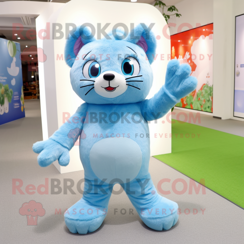 Sky Blue Cat mascot costume character dressed with a Romper and Foot pads Sky Blue Cat mascot costume character dressed with a Romper and Foot pads