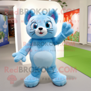 Sky Blue Cat mascot costume character dressed with a Romper and Foot pads