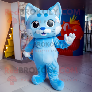 Sky Blue Cat mascot costume character dressed with a Romper and Foot pads