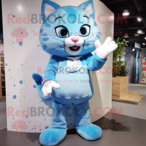 Sky Blue Cat mascot costume character dressed with a Romper and Foot pads
