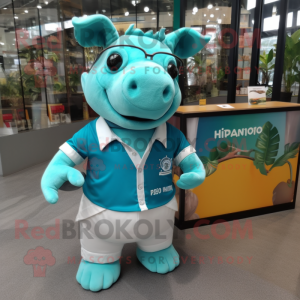 Turquoise Rhinoceros mascot costume character dressed with a Polo Shirt and Ties