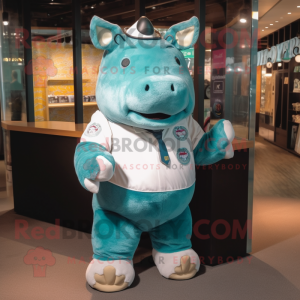 Turquoise Rhinoceros mascot costume character dressed with a Polo Shirt and Ties