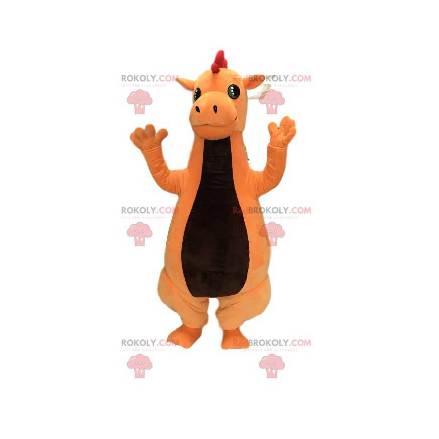 Freundliches orange Dinosaurier-Maskottchen. Dinosaurier Kostüm