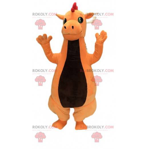 Mascote de dinossauro laranja amigável. Fantasia de dinossauro