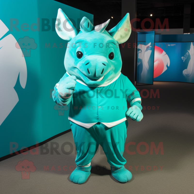 Turquoise Rhinoceros mascot costume character dressed with a Polo Shirt and Ties