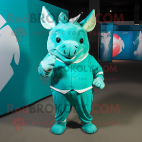 Turquoise Rhinoceros mascot costume character dressed with a Polo Shirt and Ties