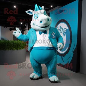 Turquoise Rhinoceros mascot costume character dressed with a Polo Shirt and Ties